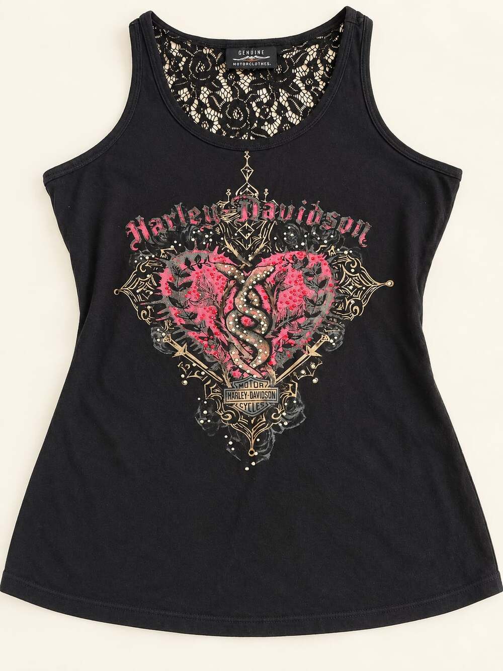 Harley Davidson Tank Top Size M Black Rhinestone Heart Snake Lace Back